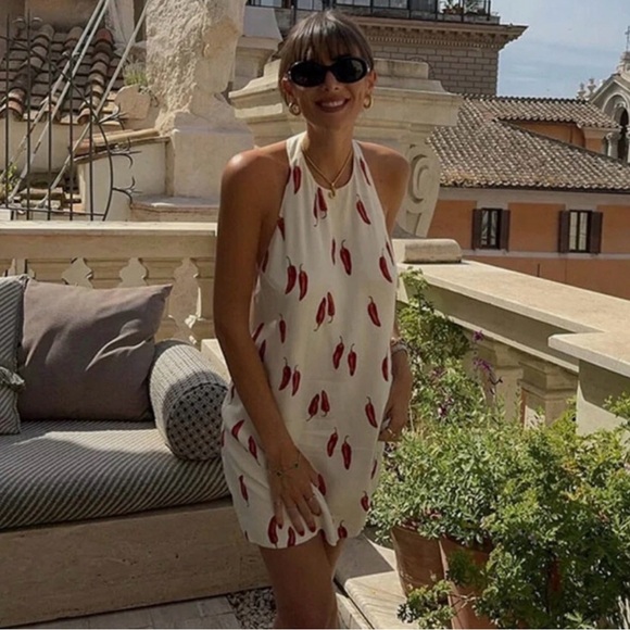 Commense Dresses & Skirts - White Halter Mini Dress with Red Chili Print